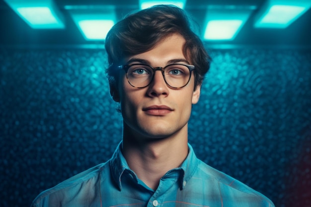 Foto een jonge man met een bril en een blauw shirt dat