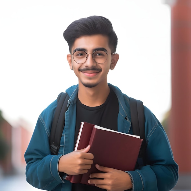 Een jonge man met een bril en een boek in zijn hand houdt een rood boek vast