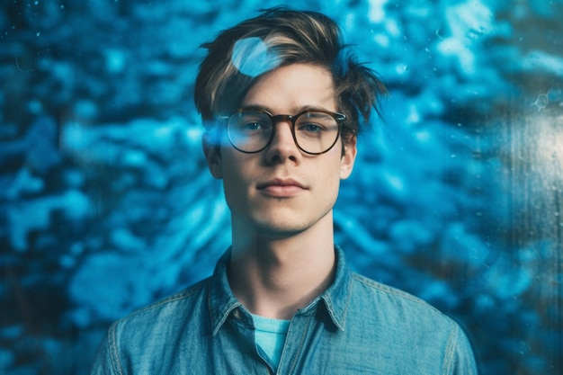 Een jonge man met een bril op en een blauw shirt dat