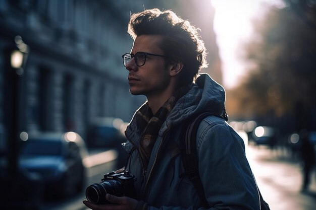 Een jonge man met een camera op straat van een grote moderne stad Generation AI