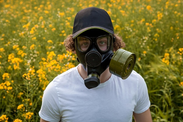 Een jonge man met een gasmasker