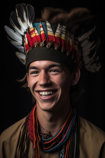 Een jonge man met een inheemse Amerikaanse hoofddoek die naar de camera glimlacht