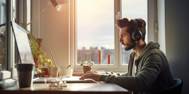 Een jonge man met een koptelefoon werkt aan een computer aan een tafel thuis generatieve ai