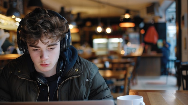 Een jonge man met een koptelefoon werkt op een laptop in een café AI generatief