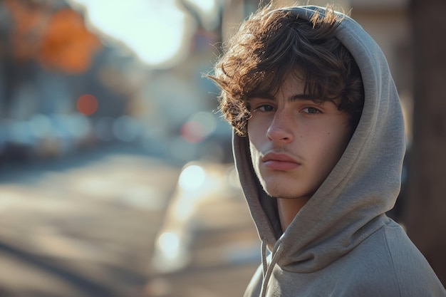 Een jonge man met een shirt met hoodie staat op de achtergrond van het trottoir.