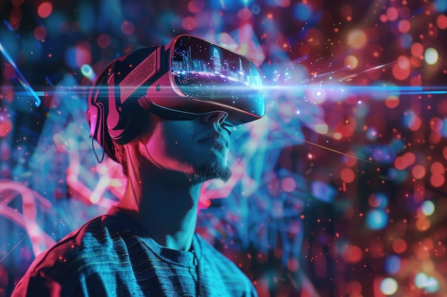 Een jonge man met een virtual reality VR-bril en een headset met een projectie van een digitale wereld