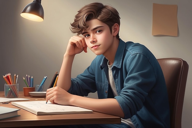 Een jonge man of tiener zit aan een bureau met een potlood in zijn hand en denkt dat hij een fictie schrijft.