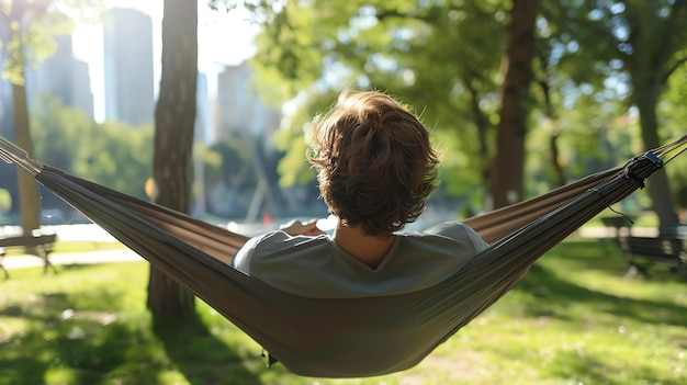 Foto een jonge man ontspant zich in een hangmat in het park hij draagt een casual outfit en heeft zijn ogen gesloten