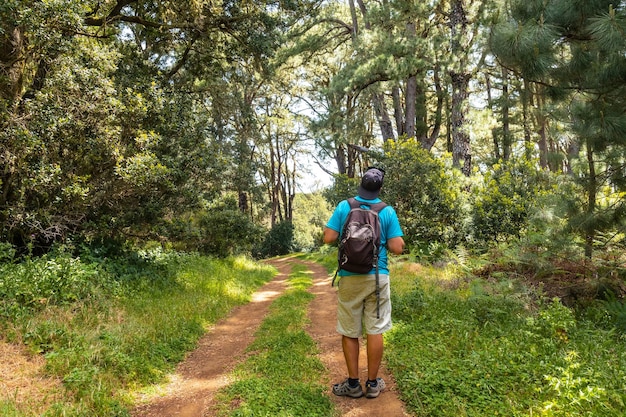 Een jonge man op een natuurpad in La Llania op het weelderige groene landschap van El Hierro Canarische Eilanden