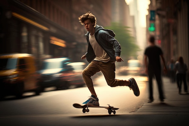 Een jonge man op een skateboard in de stad gemaakt met generatieve AI
