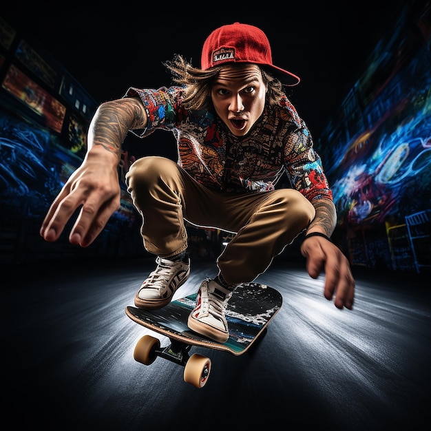 Een jonge man op een skateboard voert stunts uit