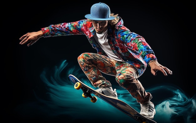 Een jonge man op een skateboard voert stunts uit