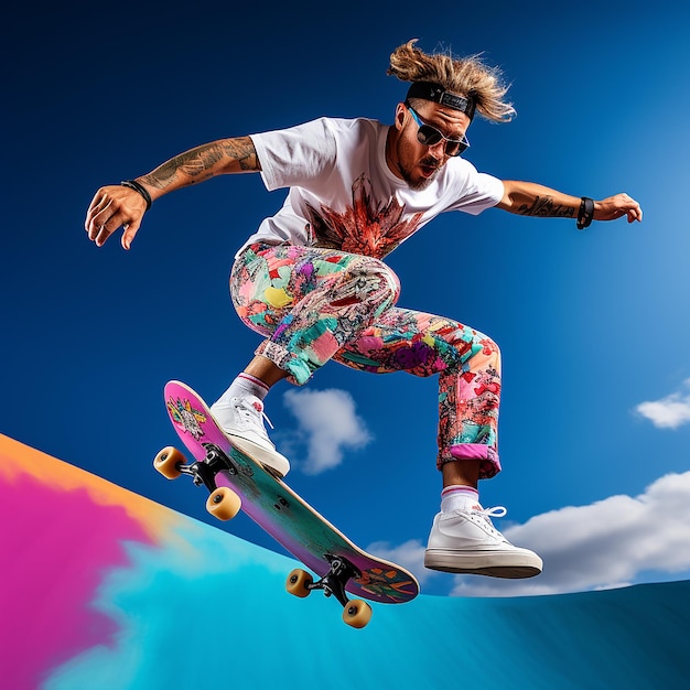 Een jonge man op een skateboard voert stunts uit