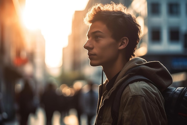 Een jonge man op straat van een moderne grote stad tijdens het reizen in de avond zonsondergang AI-generatie