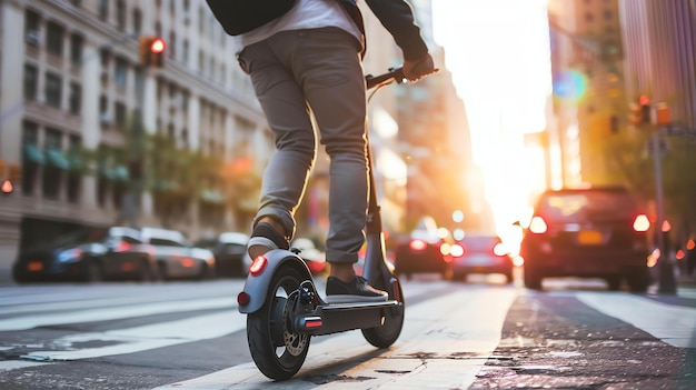 Foto een jonge man rijdt op een elektrische scooter door de straten van de stad bij zonsondergang hij draagt casual kleding en een rugzak