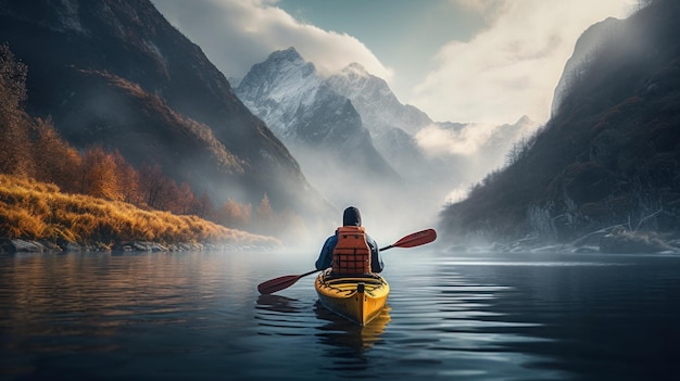 Een jonge man roeit met een kajak in een rivier omringd door mistige bergen