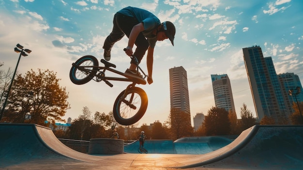 Een jonge man traint op zijn BMX fiets in een openlucht skatepark in de stad en toont zijn vaardigheden en