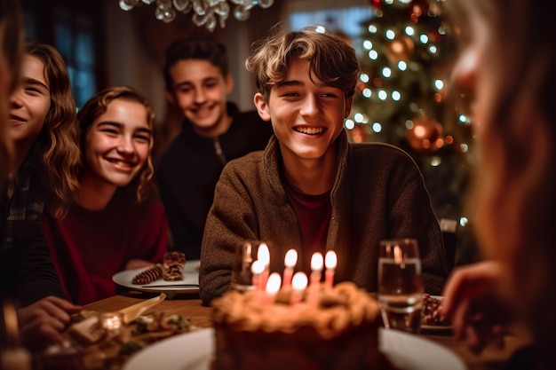 Een jonge man viert zijn verjaardag met een taart en een groep vrienden generatieve ai