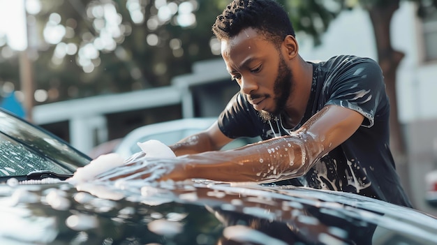 Een jonge man wast zijn auto met een spons en zeepwater. Hij is geconcentreerd op de taak en het schoonmaken van de auto.