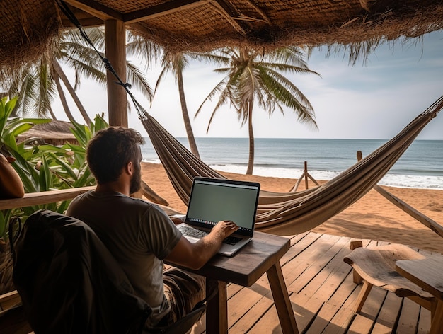 Een jonge man werkt op een computer op afstand in de buurt van het strand digitale nomade generatieve AI