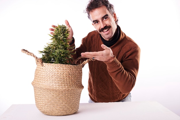 Een jonge man wijst met zijn vinger naar een cannabisplant met een witte achtergrond