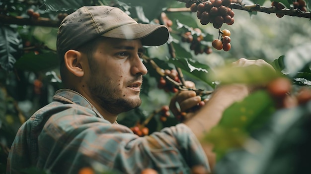 Een jonge mannelijke boer met een pet inspecteert koffie kersen op een koffieboom