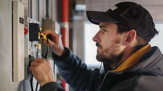 Een jonge mannelijke elektricien in een zwarte pet en zwart jasje installeert een elektrische aansluiting in een woongebouw