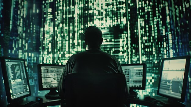 Een jonge mannelijke hacker zit in een donkere kamer voor een bank computers hij draagt een zwarte hoodie en een masker