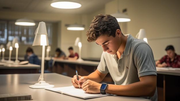 Een jonge mannelijke student doet een examen over een onderwerp omringd door andere studenten in de klas gecreëerd met Generative AI-technologie