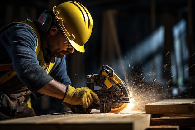 Een jonge mannelijke timmerman in een gele werkhelm en overalls zagt een plank in een werkplaats voor houtbewerking