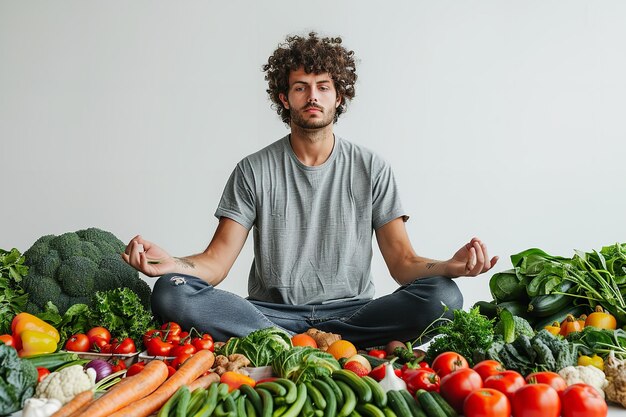 Een jonge mannetje op een witte achtergrond omringd door fruit en groenten in de lotus houding gezondheidsproblemen en ruimte Generatieve AI