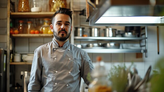 Een jonge moderne chef-kok in een professionele keuken die culinaire vaardigheid en hedendaagse