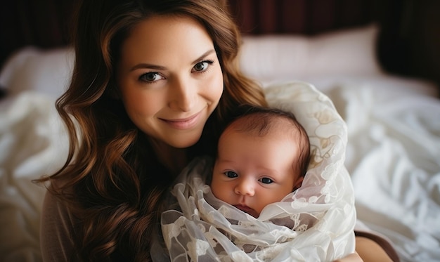 Foto een jonge moeder houdt de baby in haar armen echt moederschap lifestyle generatieve ai