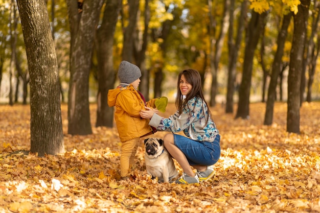 Een jonge moeder met een kind en een mopshond op een herfstwandeling in een kleurrijk park