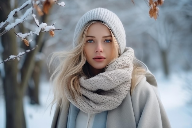een jonge mooie blonde in winterkleding die in een besneeuwd bos loopt