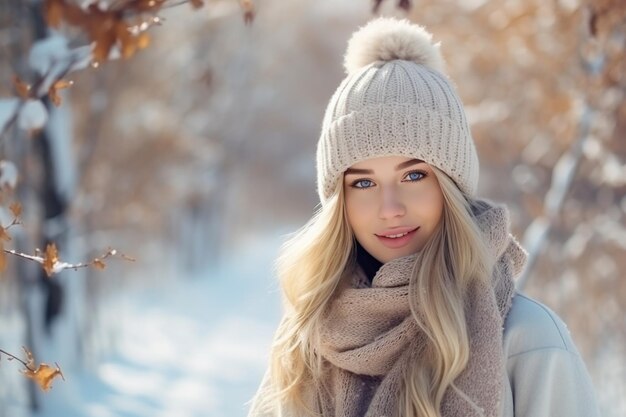 een jonge mooie blonde in winterkleding die in een besneeuwd bos loopt