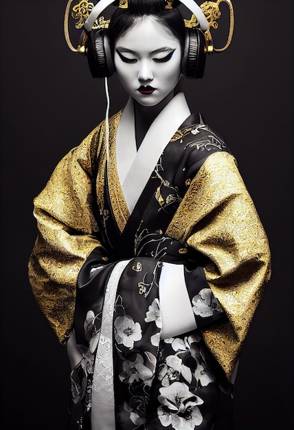 Een jonge mooie geisha in een kimono en koptelefoon Portret van een mooie geisha in een kimono