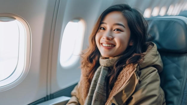 Een jonge mooie vrouw die per vliegtuig reist Generatieve AI