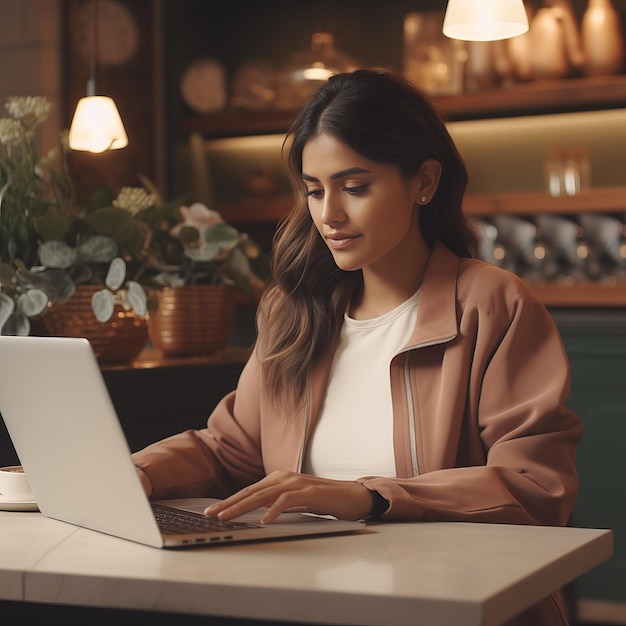 Een jonge mooie vrouw, eigenaar van een koffieshop, werkt op een laptop.