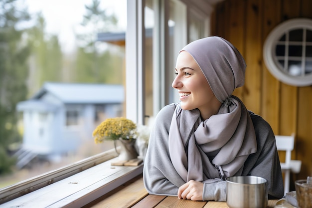 Een jonge mooie vrouw in een roze sjaal