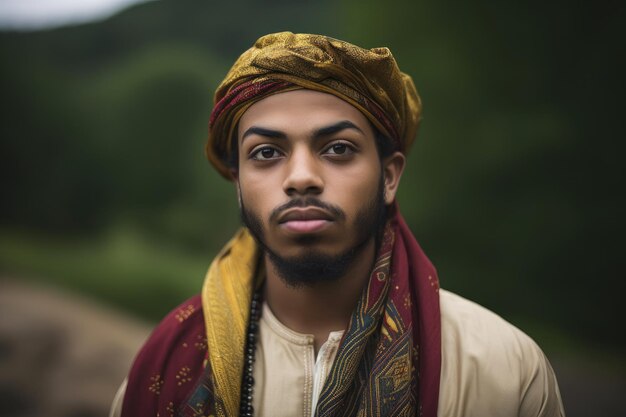 Een jonge moslimman, gekleed in zijn religieuze kleding, gemaakt met generatieve AI