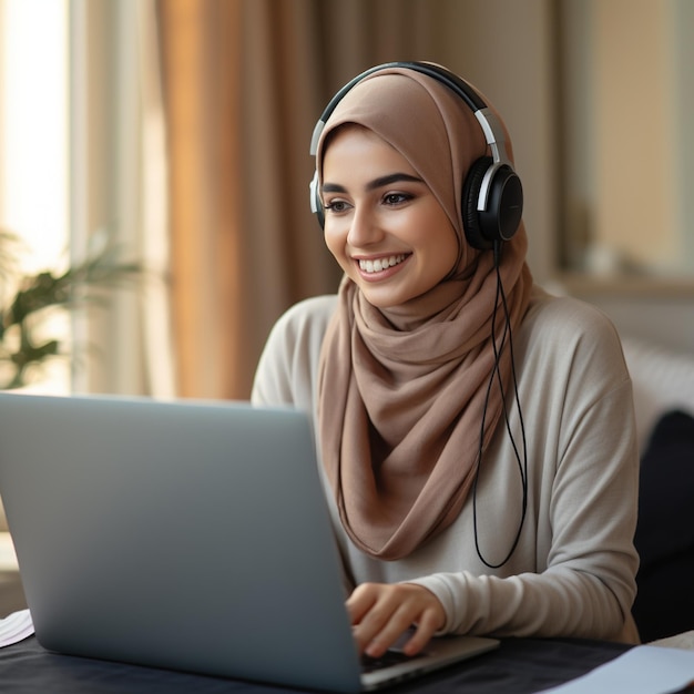 Een jonge moslimvrouw die een bruine hijab draagt, glimlacht terwijl ze een laptop gebruikt