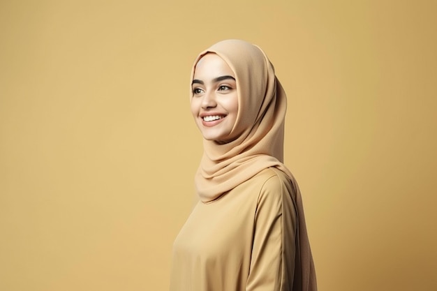 Een jonge moslimvrouw in een beige hijab