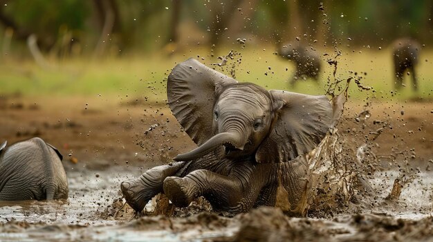 Foto een jonge olifant die in een modderpoel rondspringt en vreugdevol rolt terwijl zijn kudde toekijkt