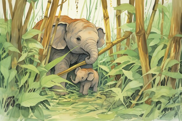 Een jonge olifant volgt zijn moeder door dichte vegetatie