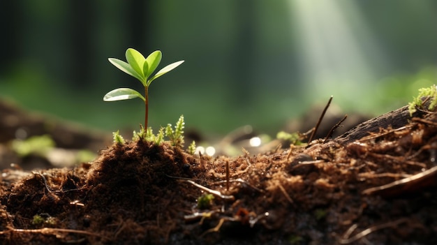 een jonge plant die uit de grond in het bos ontspruit