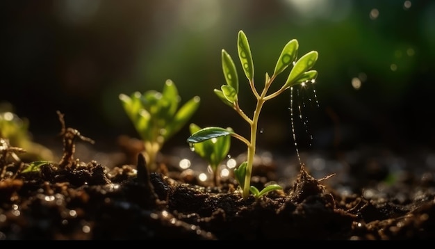 Een jonge plant groeit met een waterdruppel in zonlicht Generatieve AI