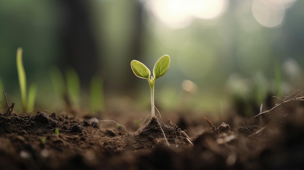 Een jonge plant ontspruit uit de grond in een bos-generatieve AI