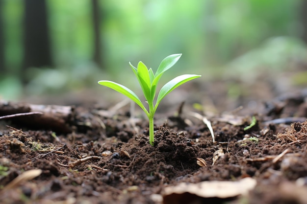 Een jonge plant spruit uit de bosbodem.