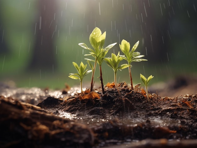 een jonge plant spruit uit de grond in de regen